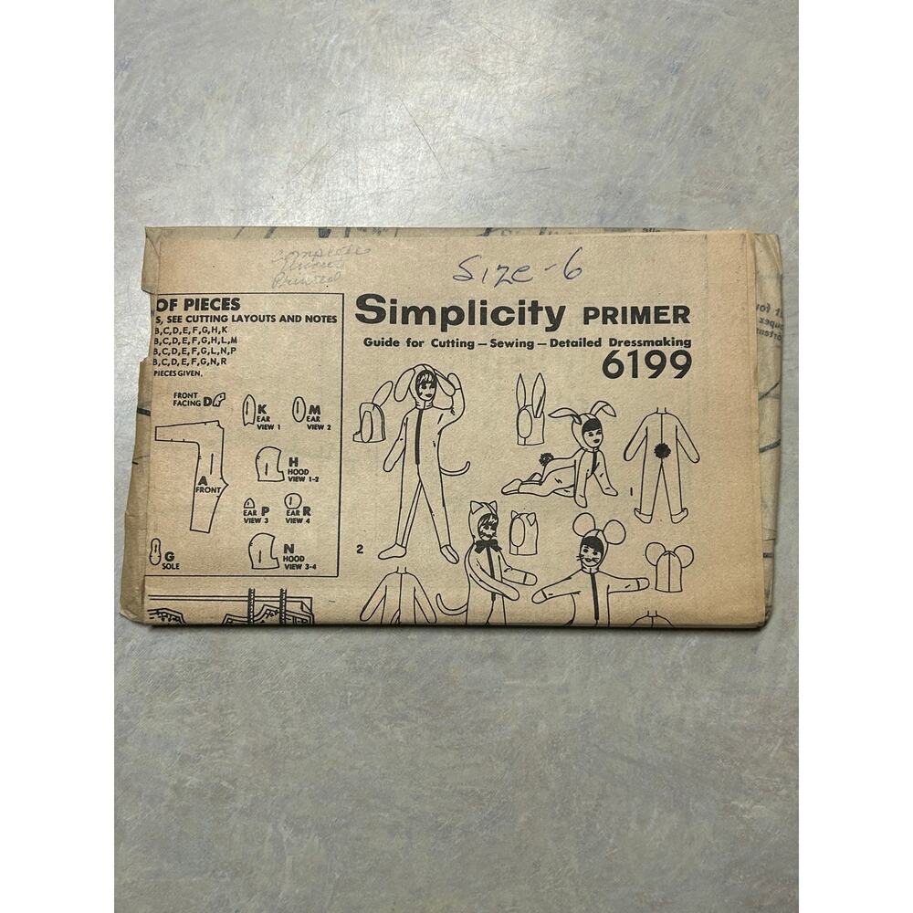 Vintage 1960's Simplicity Primer Pattern #6199 Animal‎ Costumes Child Sz 6
